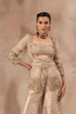 Beige gold silk bustier set with flare tissue flare panel pants and organza jacket